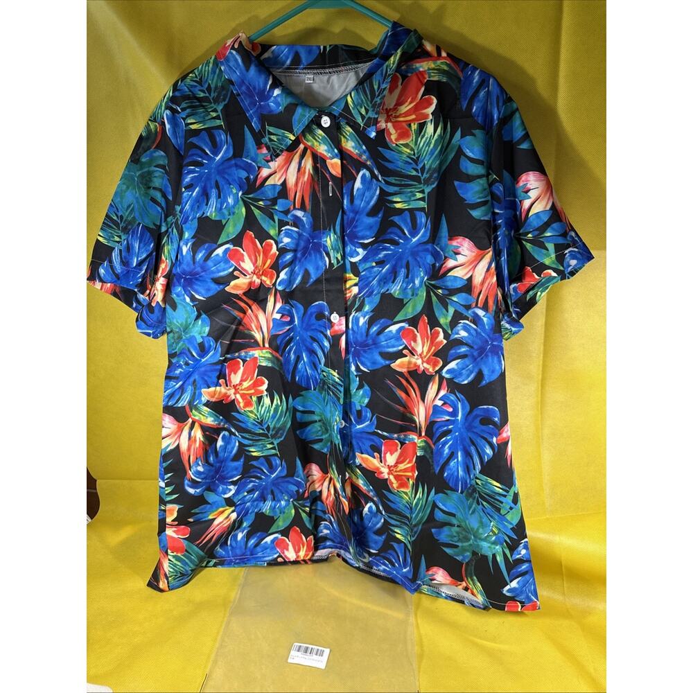 Short Sleeve Shirt with Tropical With Flowers Black And Colorful New 2XL JJ